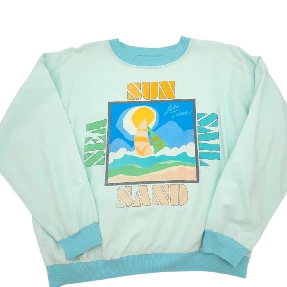 Vintage 1987 Lake Tahoe Sun Sand Sail Pullover Aqua Pastel Oversized 23x24